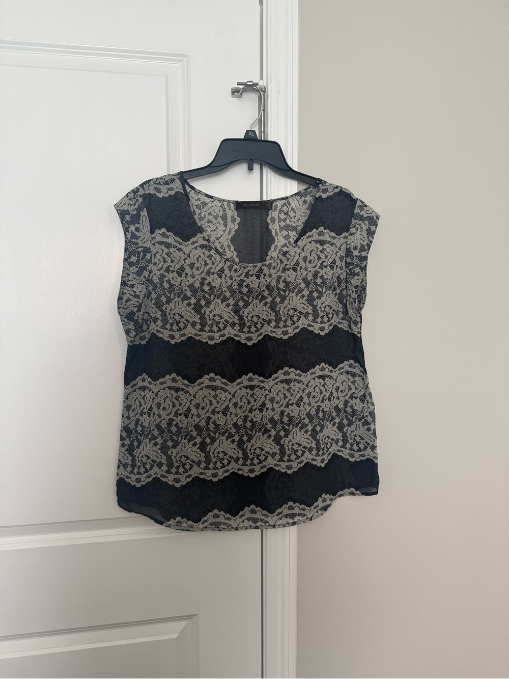 LOFT Black Top with Cream Lace Overlay